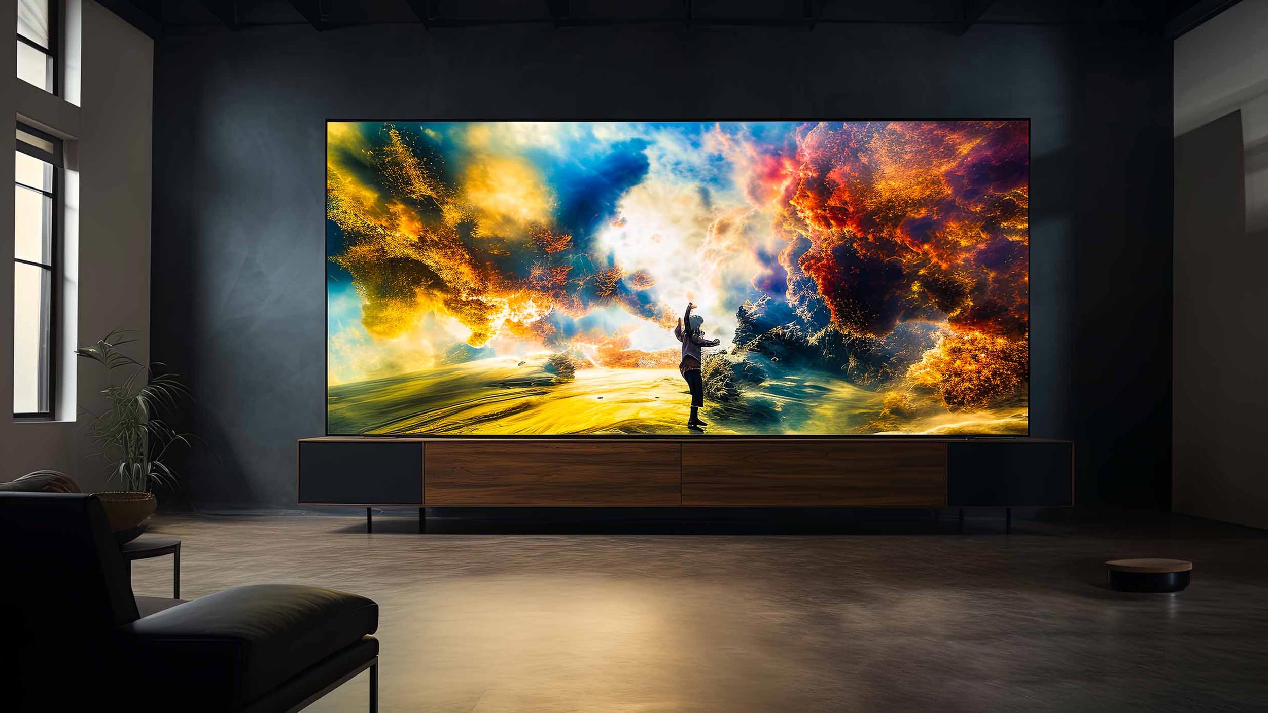 Luxury living room featuring MicroLED wall displaying abstract art